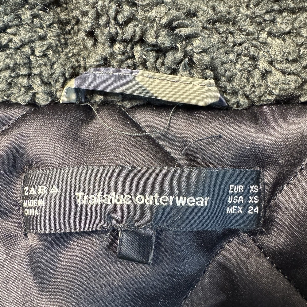 Zara Trafaluc Camouflage Floral Embroidered Hooded‎ Zip Off Fur Coat Womens XS - Picture 7 of 13